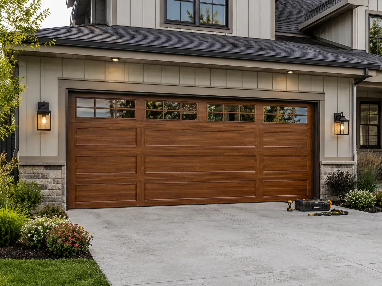 Wood-look garage door with upper windows on a residential home in Roscoe IL