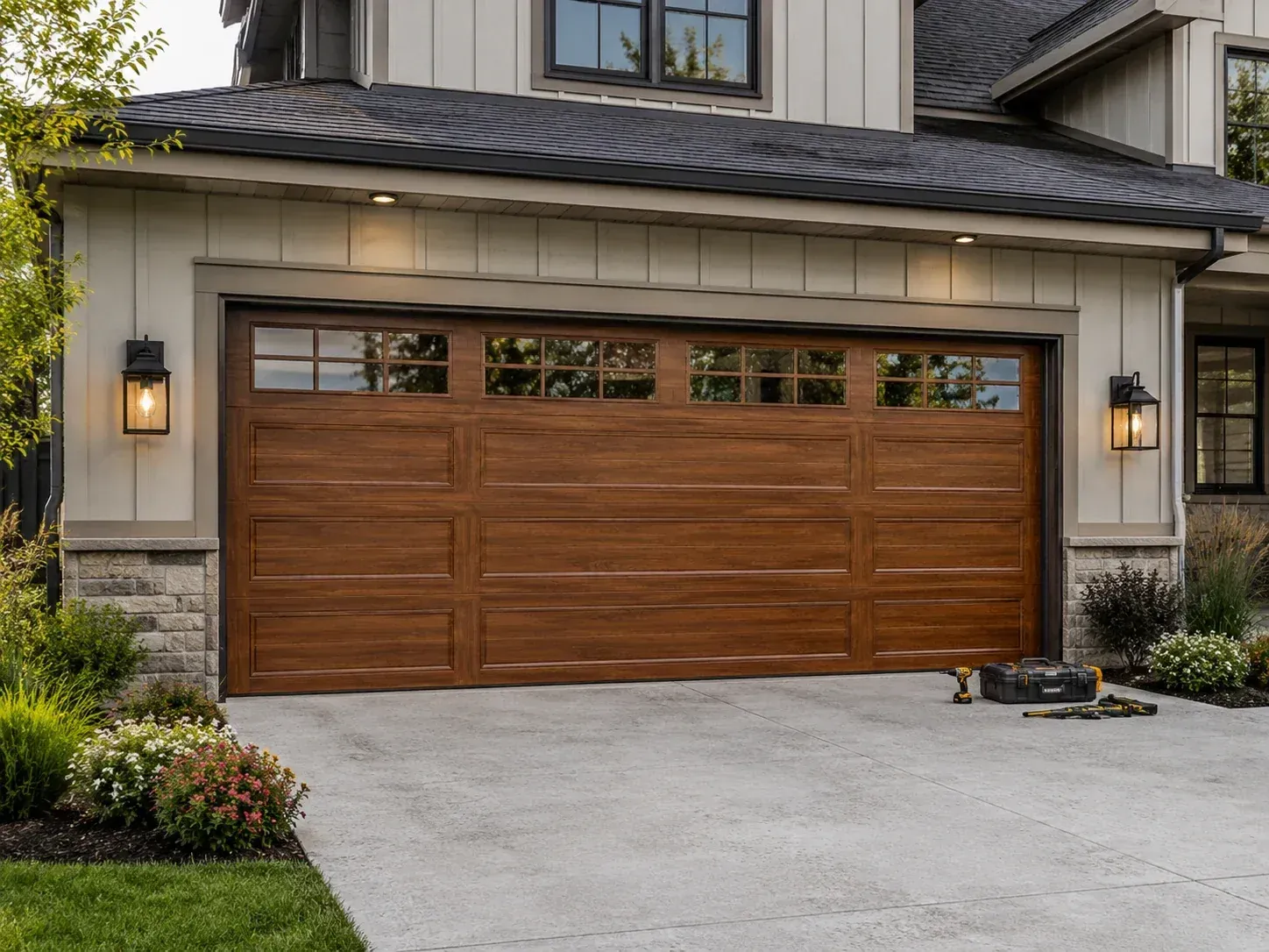 Wood look insulated garage door installation with tools on a residential driveway