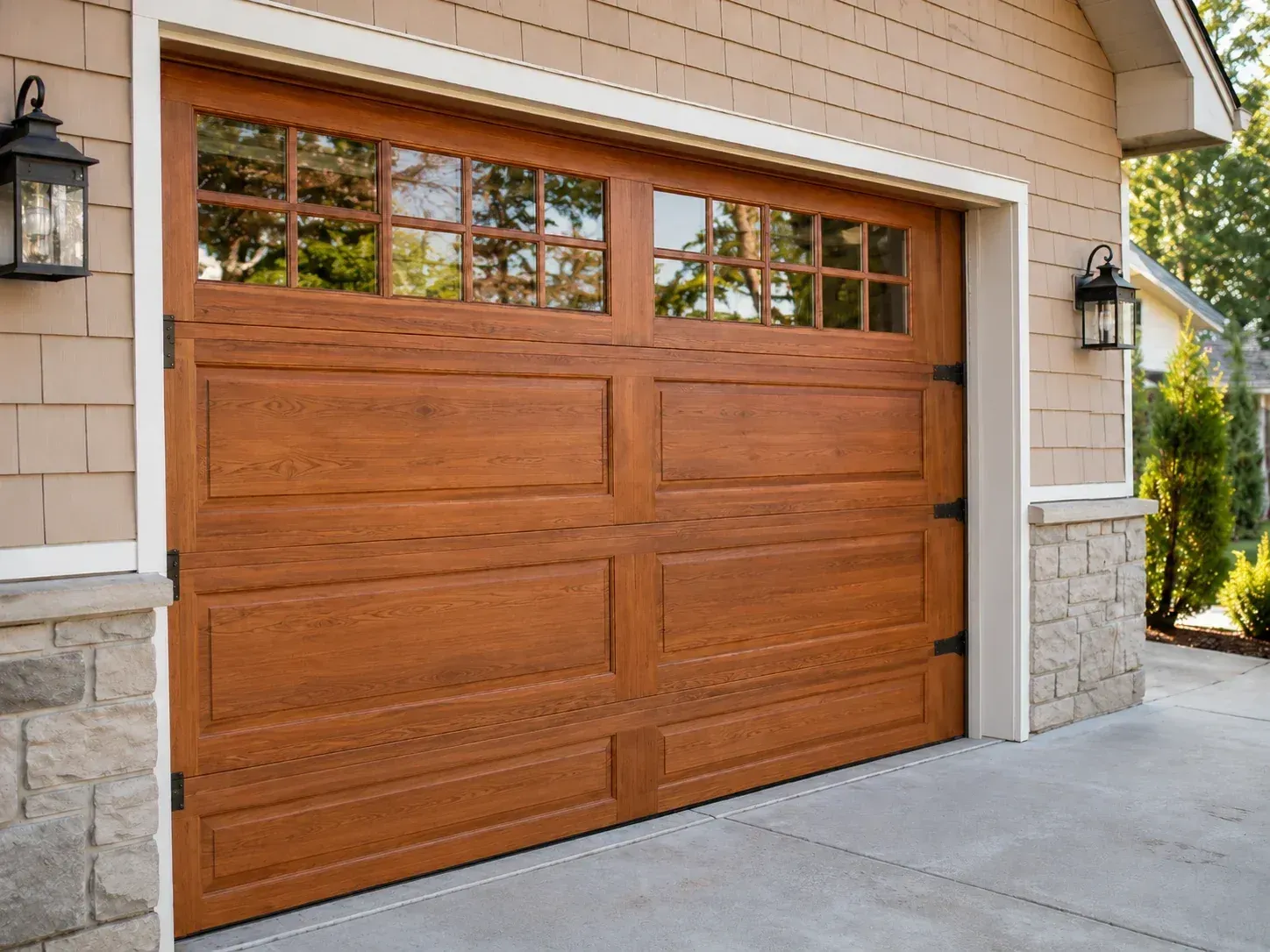 Wood look insulated garage door with top window panels on a residential home