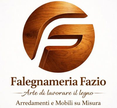 Logo per Falegnameria Fazio: una lettera 'F' stilizzata intagliata nel legno, con un testo che descrive i servizi di falegnameria su misura.