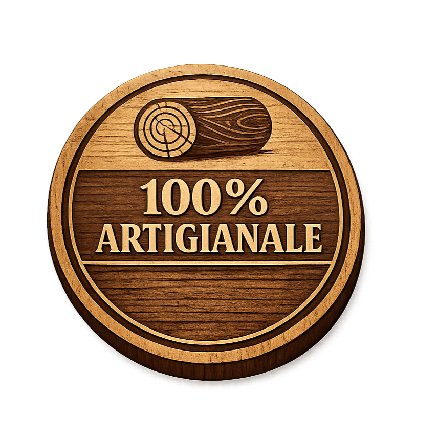 Un emblema circolare in legno con l'icona di un tronco sopra la scritta 