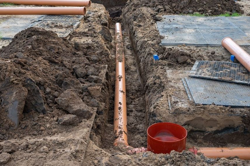 Trenches dug for underground pipes at a construction site, with orange PVC piping and a red bucket.