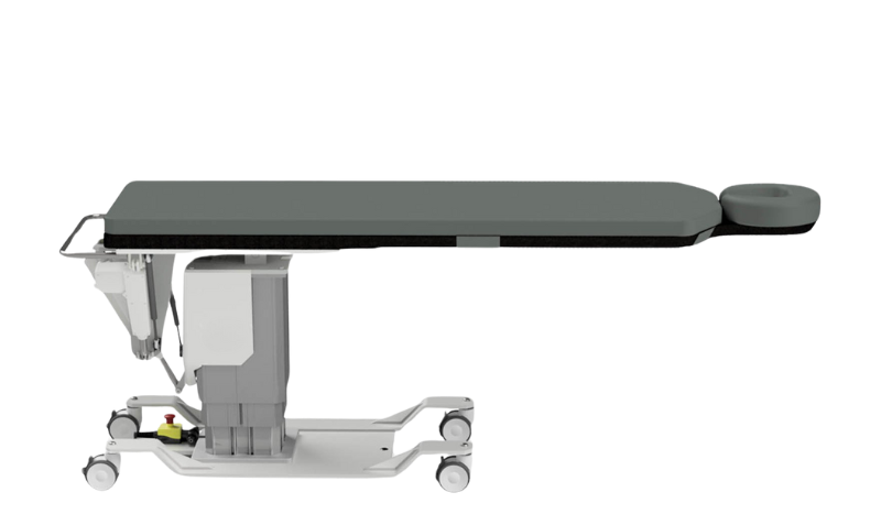 A pain management table with wheels on a white background.