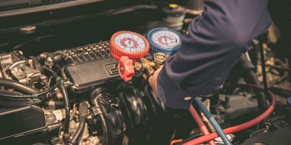A mechanic working on a car engine, connecting gauges to check the AC system.