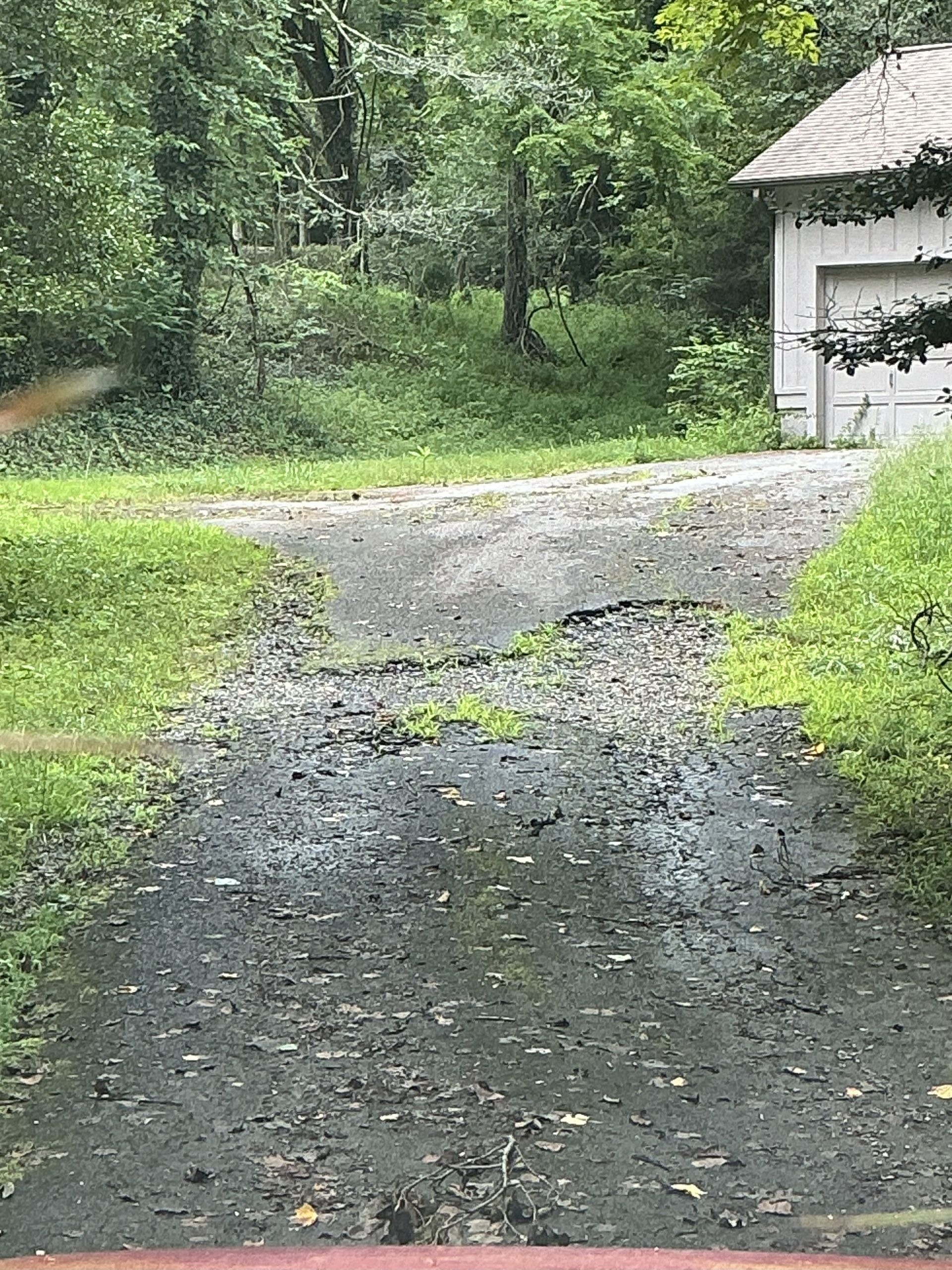 Gravel driveway leading to a garage with a weathered facade. Lush green trees and grass surround.