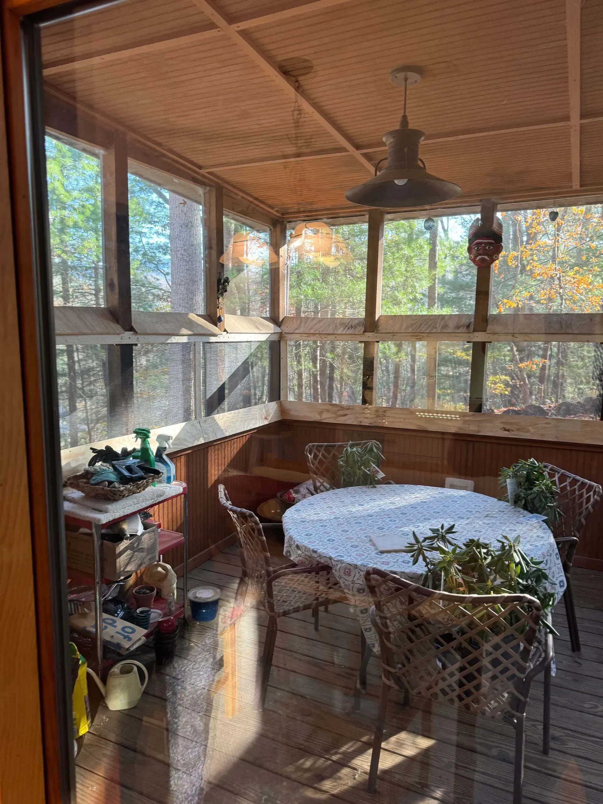 Screened porch with table and chairs overlooking a wooded area. Ceiling light and natural light from windows.