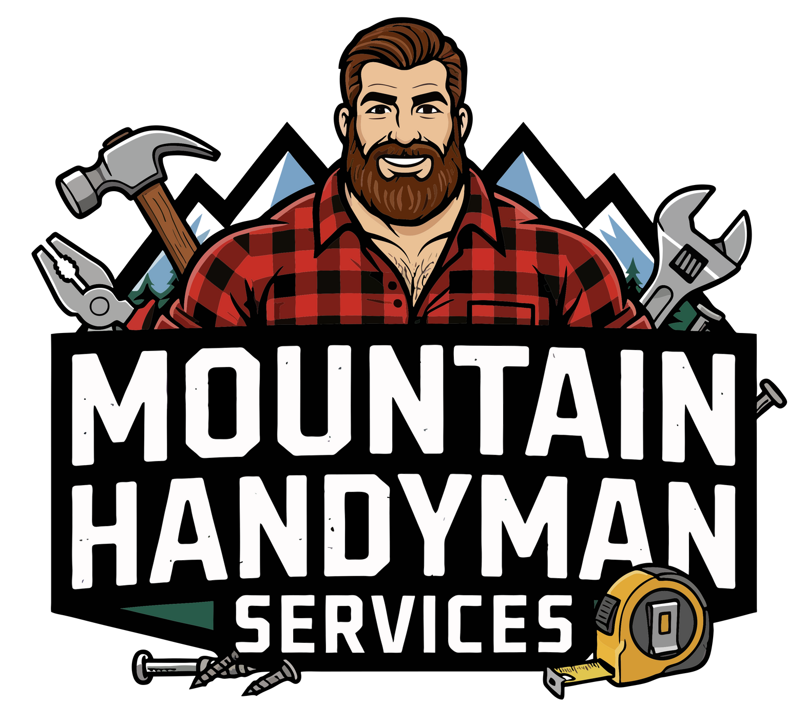 Mountain Handyman Services logo. Bearded man in plaid shirt, surrounded by tools, mountains in background.