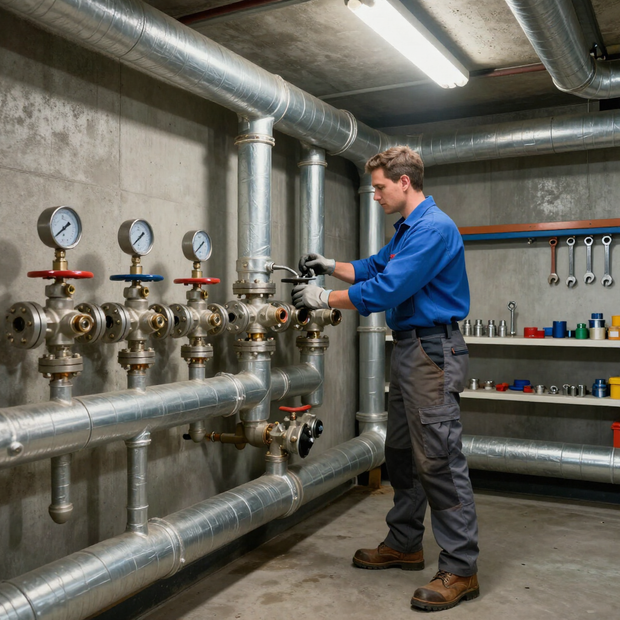 Gainesville Plumbing technician in blue shirt working on a commercial basement plumbing system