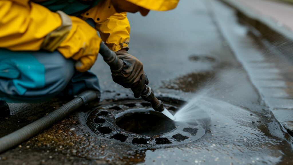 hydro jetting image from gainesville plumbing where a plumber is hydro jetting a sewer wearing a yellow rain coat