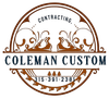 Logo for Coleman Custom Contracting; brown, circular design with text and woodworking tools; phone number.