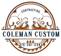 Logo for Coleman Custom Contracting; brown, circular design with text and woodworking tools; phone number.