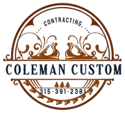 Logo for Coleman Custom Contracting; brown, circular design with text and woodworking tools; phone number.