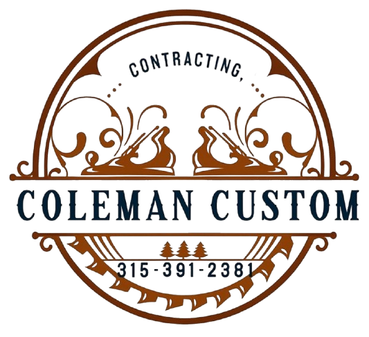 Logo for Coleman Custom Contracting; brown, circular design with text and woodworking tools; phone number.