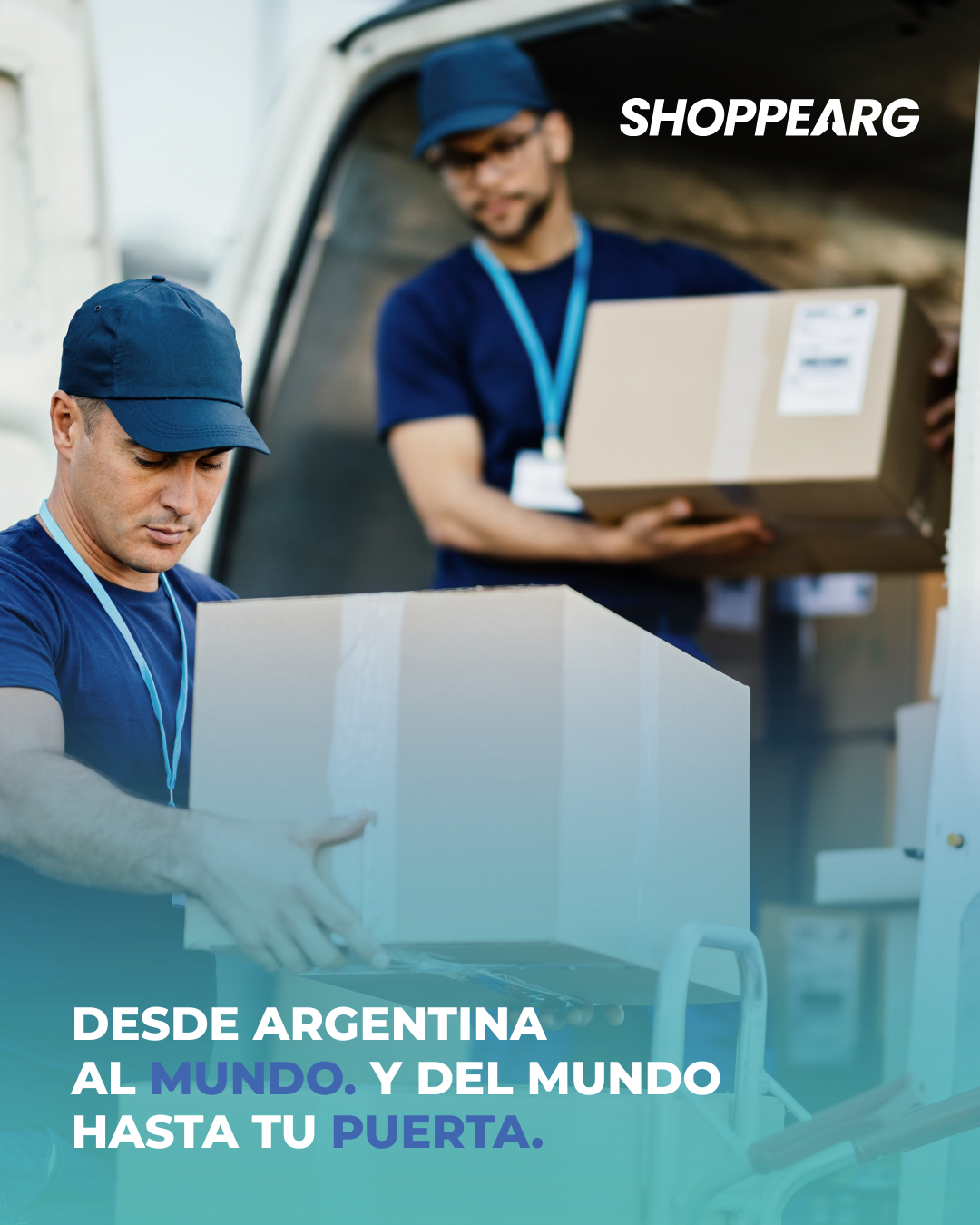 Two delivery workers loading boxes into a van. Text: