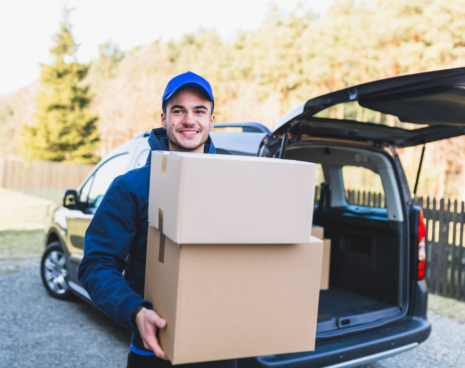Repartidor sosteniendo cajas de cartón, sonriendo, cerca del maletero abierto del coche al aire libre.