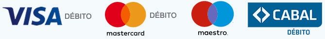 Logotipos para tarjetas de débito Visa, Mastercard, Maestro y Cabal.