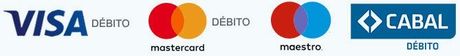 Logotipos para tarjetas de débito Visa, Mastercard, Maestro y Cabal.