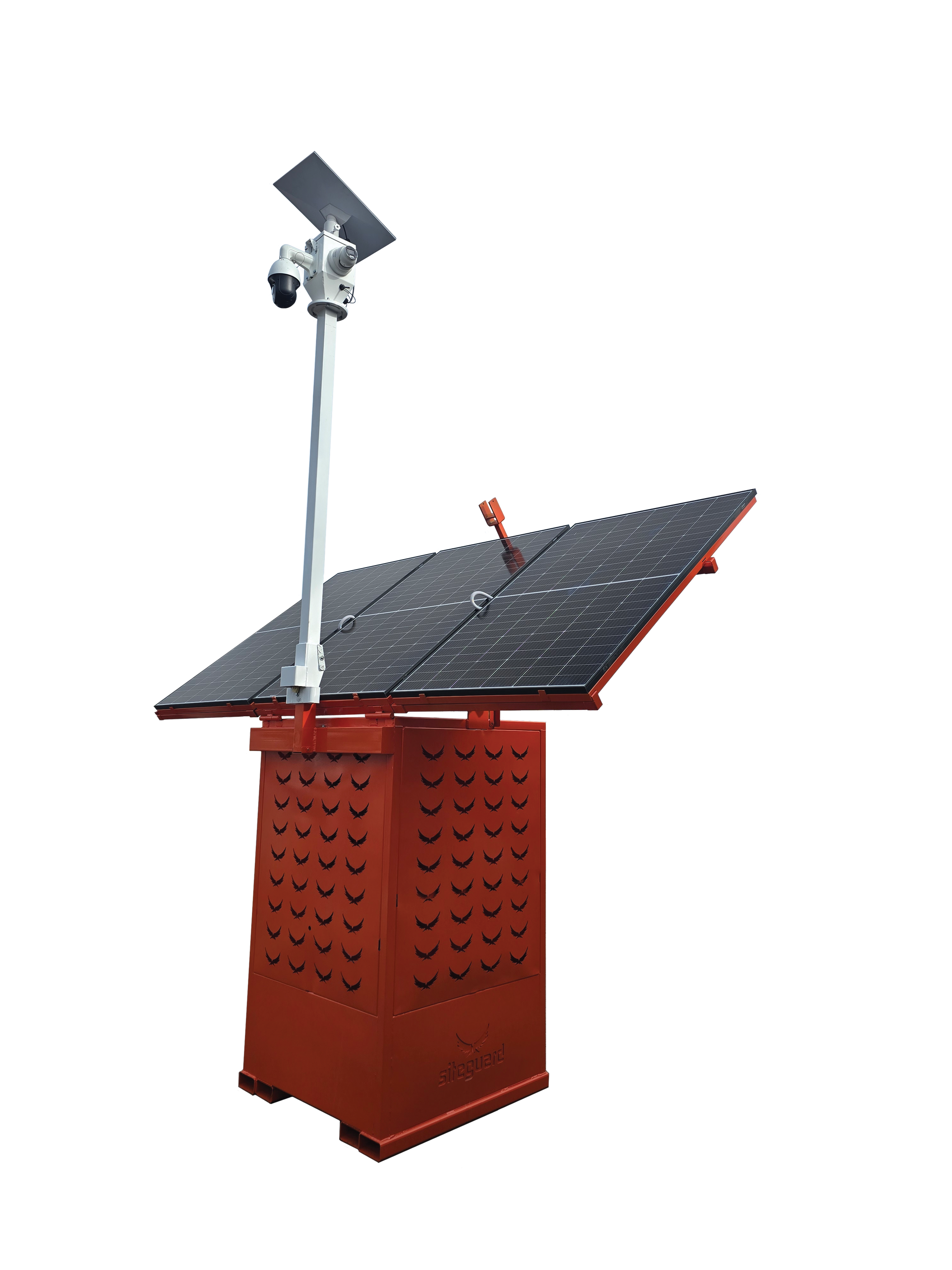 Red solar-powered security camera station with tilted panel, mounted on a metal tower.
