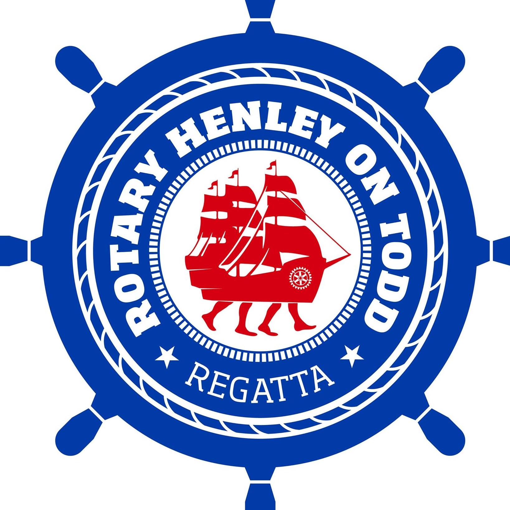 Rotary Henley on Todd Regatta logo: Blue ship's wheel with ship graphic inside.