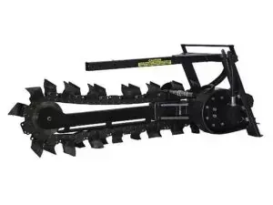 Red mini-excavator with auger drill; digging outdoors.