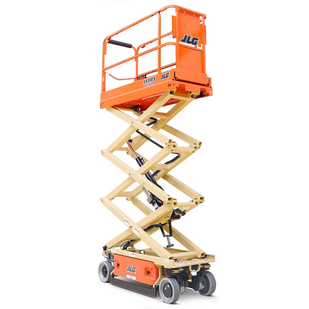 Orange Snorkel scissor lift with a platform and wheels.