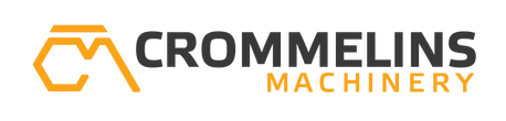 Logo of Crommelins Machinery: Hexagon/triangle emblem in gold next to black text, with