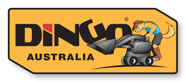 Dingo Australia logo: A dingo-like character operating a small digger machine on a yellow background.