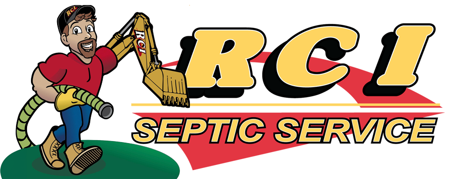 a logo for rci septic service with a man holding an excavator