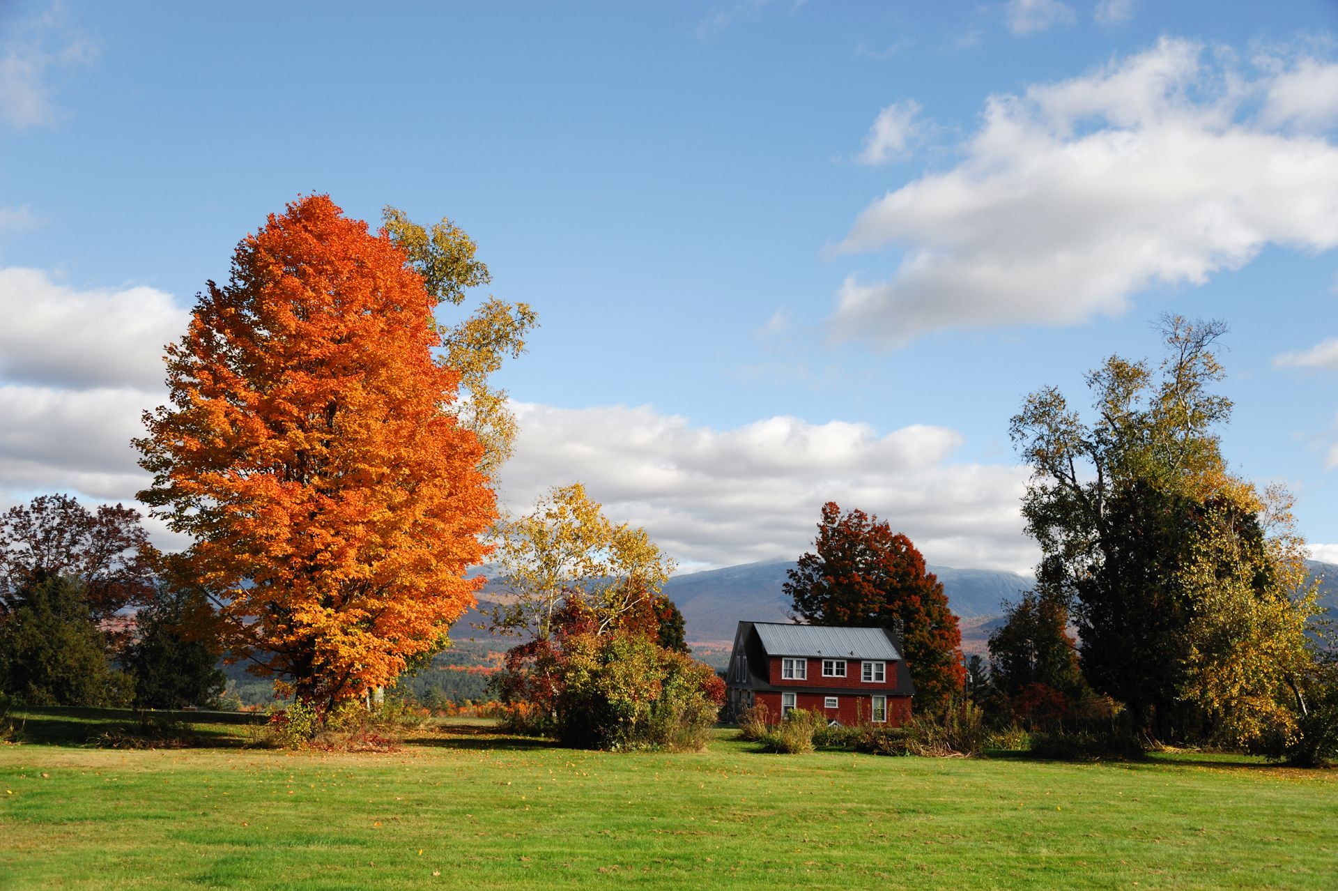 Red house nestled among trees with vibrant fall foliage and a blue sky.