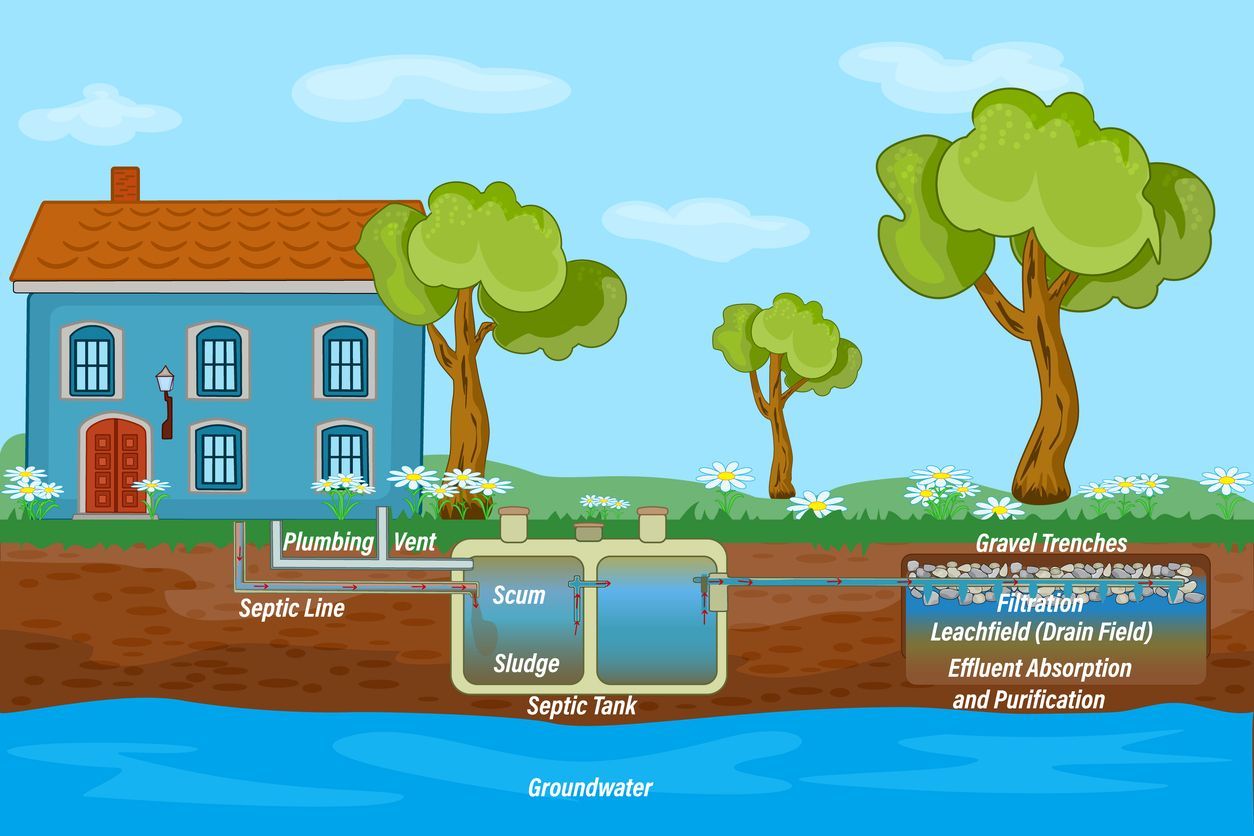 A diagram of a septic system in a house with trees in the background.