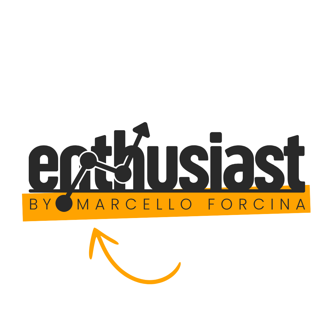 A logo for enthusiast by marcello forcina with an arrow pointing to it