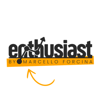 A logo for enthusiast by marcello forcina with an arrow pointing to it