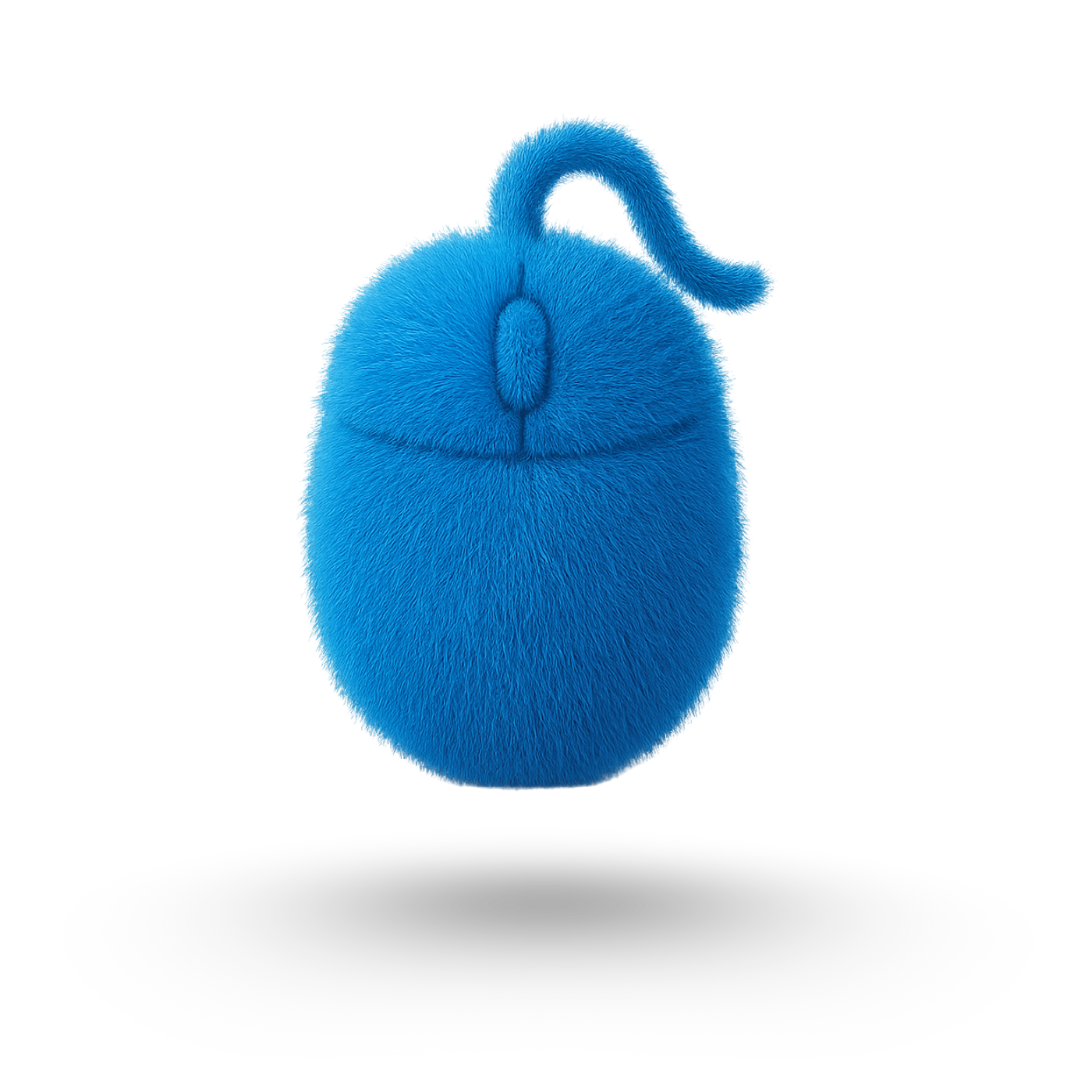 Mouse per computer blu con pelo lungo e cavo che fluttua su sfondo bianco.