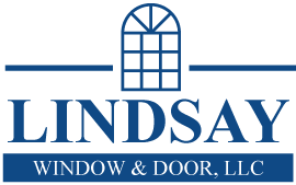 A blue logo for lindsay window and door llc