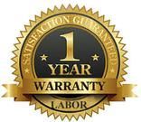 A 1 year warranty label with a gold ribbon on a white background.