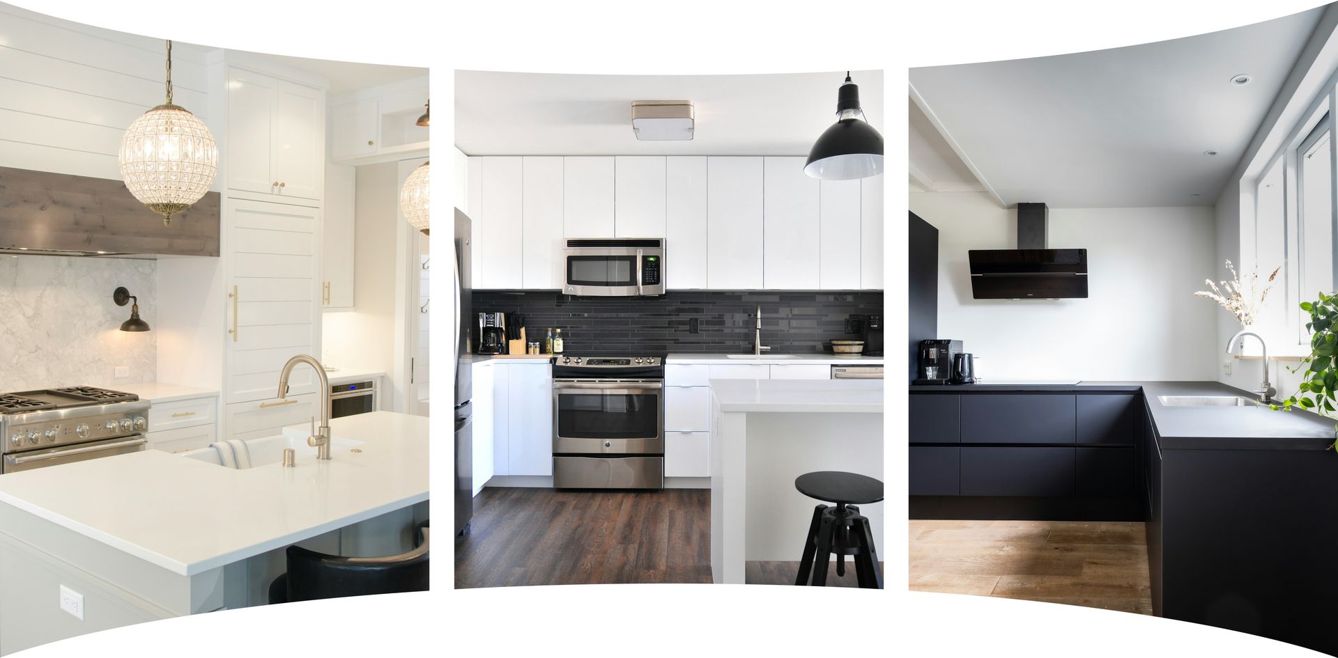 Three modern kitchen designs: white, black, and a mix, showcasing appliances and minimalist decor.