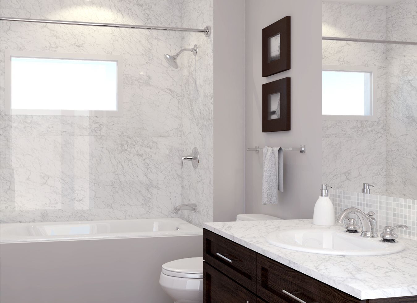 A bathroom with a sink , toilet , bathtub and mirror.