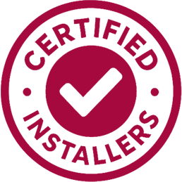 A certified installers logo with a check mark in the center