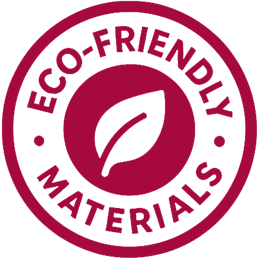 A red and white logo that says eco-friendly materials
