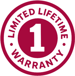 A red and white limited lifetime warranty logo
