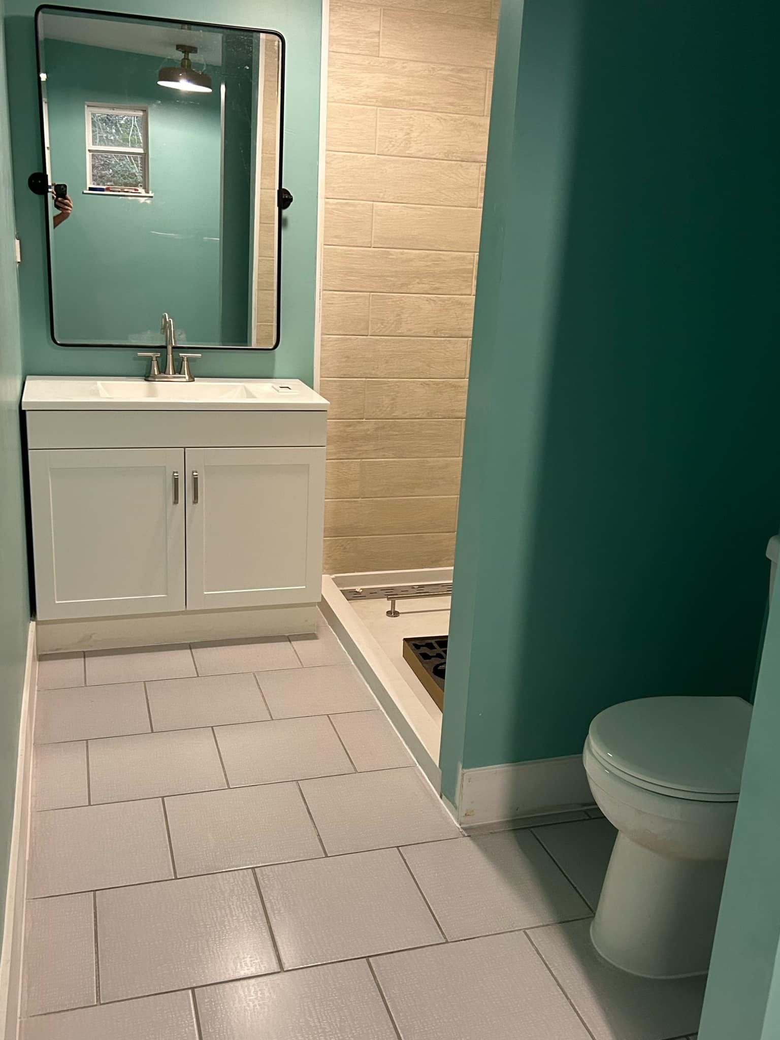 A bathroom with a toilet a sink and a mirror