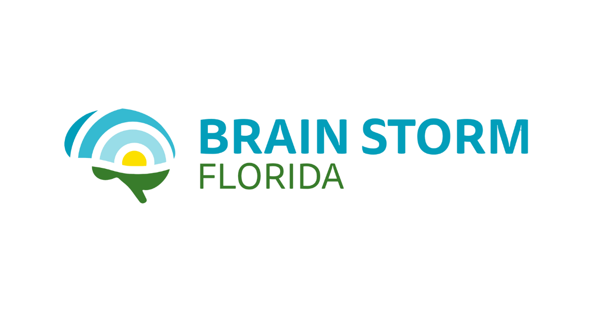 Brain Storm Florida logo: brain shape with layered waves and sun in green, blue, and yellow. Text to the right.