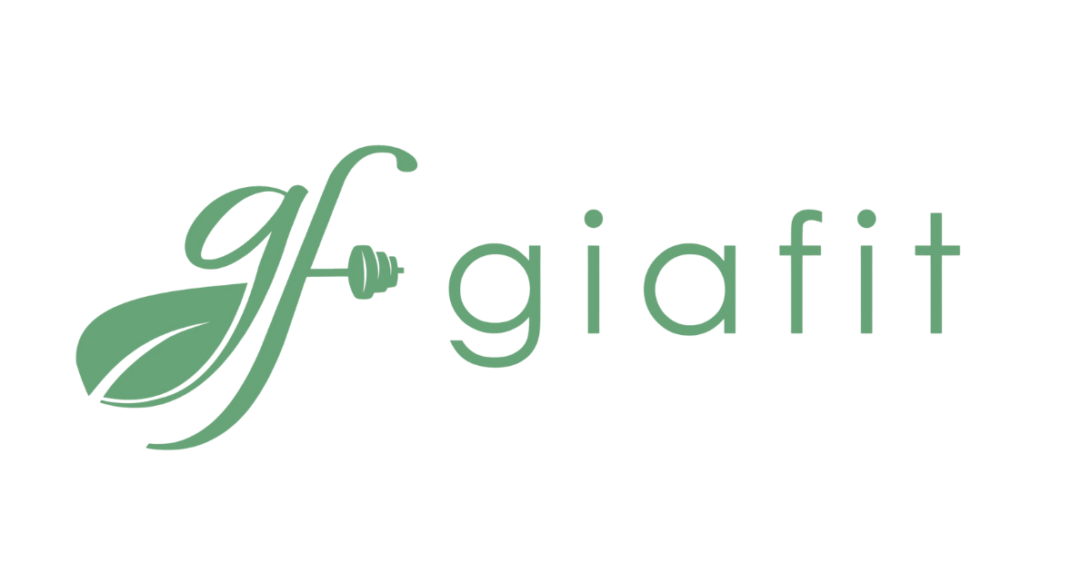 Logo of GiaFit, a fitness brand, with a stylized leaf and dumbbell icon in teal.