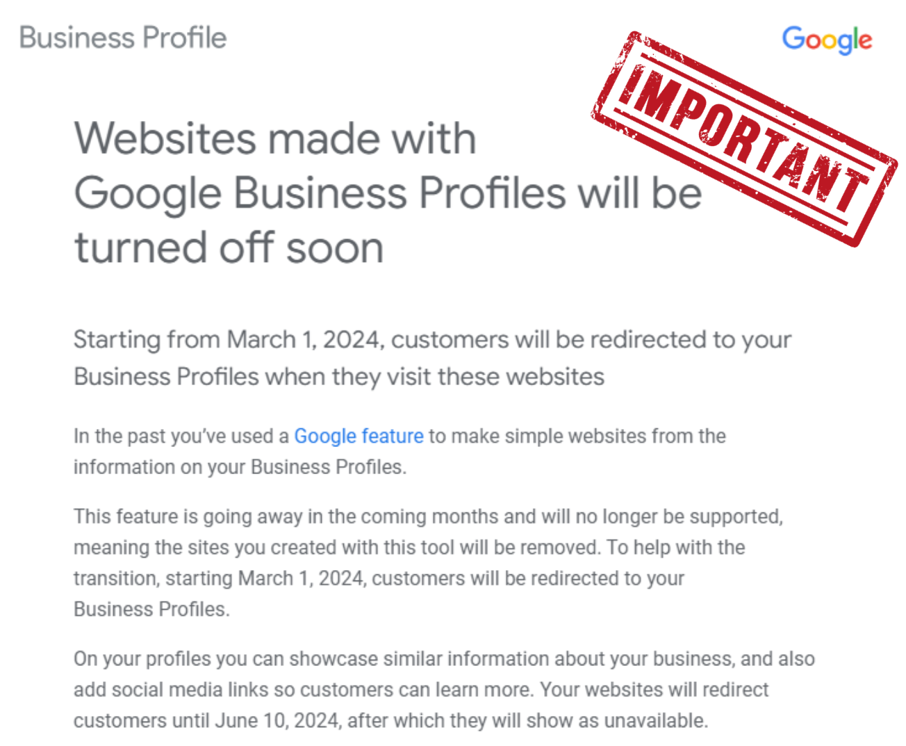 websites made with google business profiles will be turned off soon .