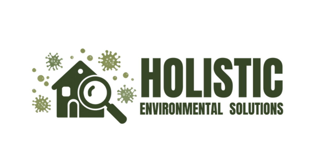 Logo for Holistic Environmental Solutions: house with a magnifying glass examining microorganisms. Text reads "HOLISTIC ENVIRONMENTAL SOLUTIONS".