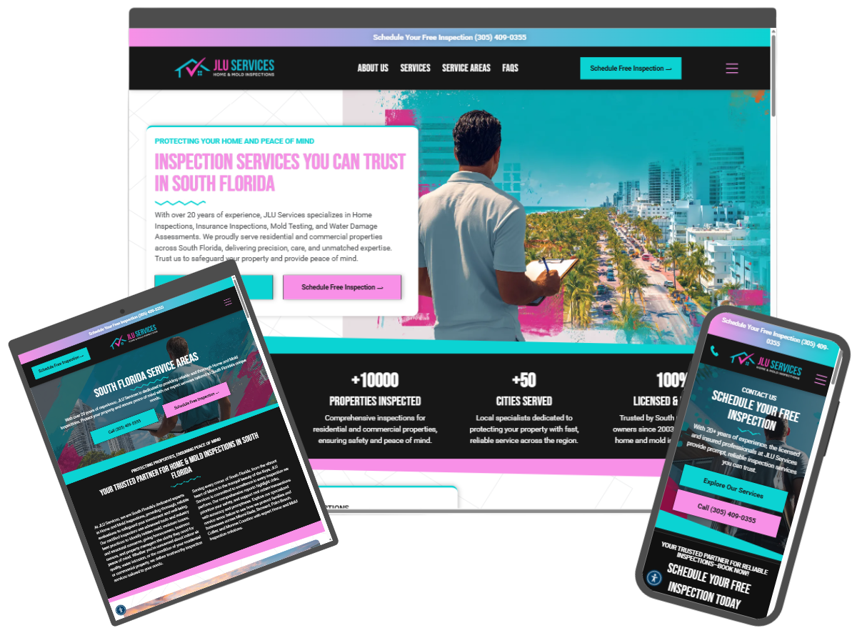 Website mockups on laptop, tablet, and phone. South Florida inspection services marketing in teal and pink.
