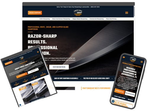 Website on three devices: laptop, tablet, and phone. Featuring knife blade, text: "Razor-Sharp Results, Professional Precision."
