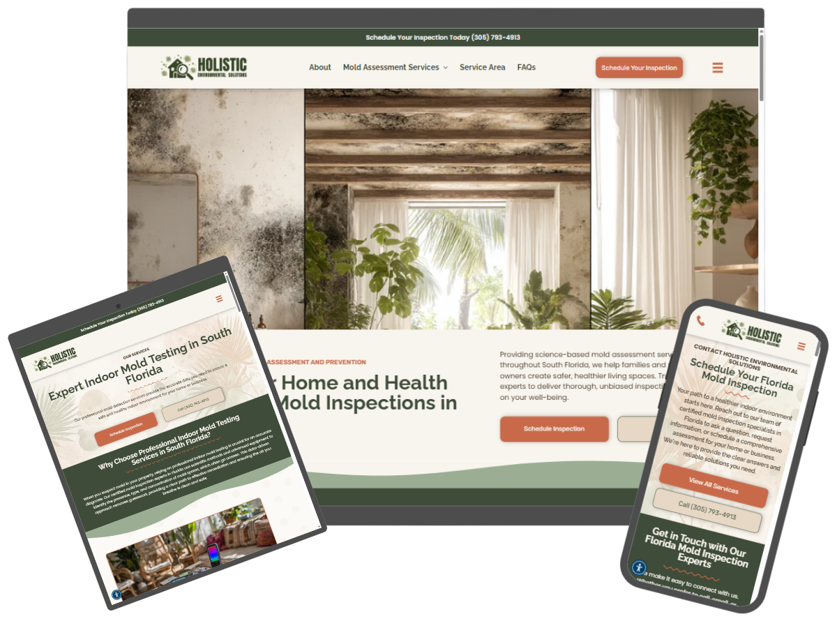Website showcasing mold inspection services on desktop, tablet, and phone screens.