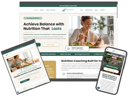 Website design mockups: woman using phone while eating salad, newsletter, and mobile website view.