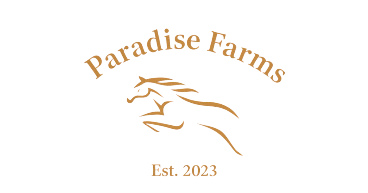 The logo for paradise farms shows a horse running.